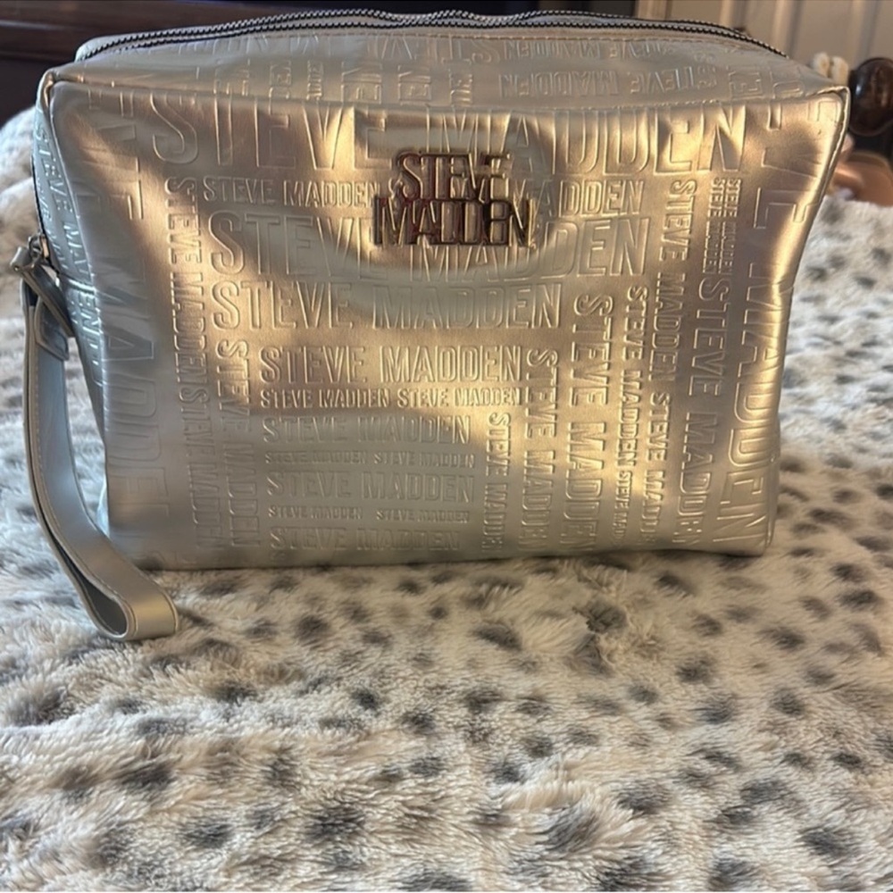 Large Steve Madden Metallic Silver Cosmetic Bag